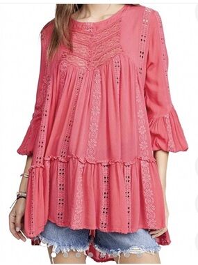Free People Hot Pink Sweetest Dream Kiss Kiss Embroidered Tunic Top- Size Small